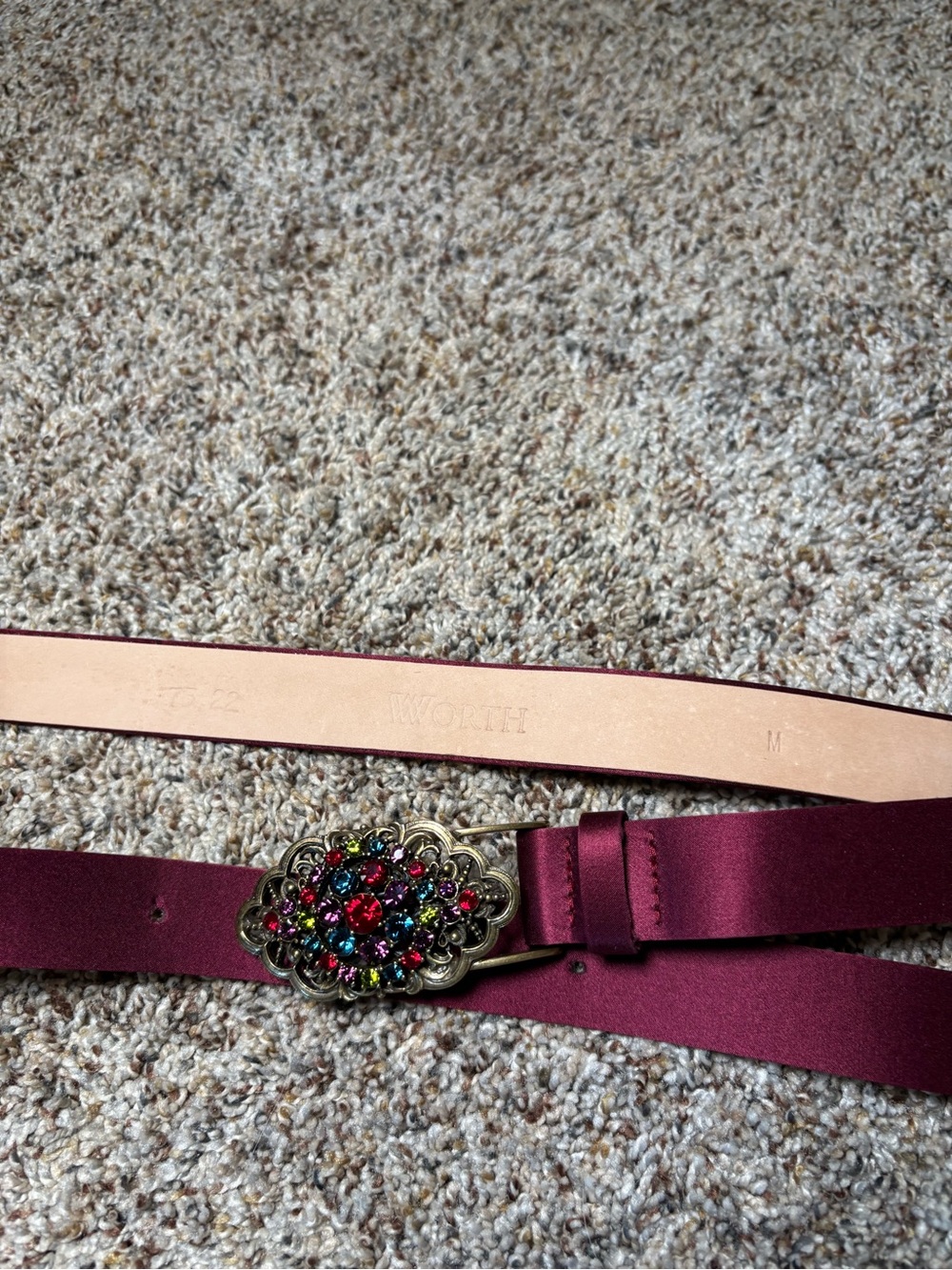 395. W by Worth Women's Satin Burgundy Gemstone Buckle Belt - Picture 2 of 7